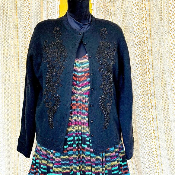 Vintage 1960s Black Hand Beaded Lambswool Sweater Cardigan Size L - Whimsigoth - Picture 1 of 16
